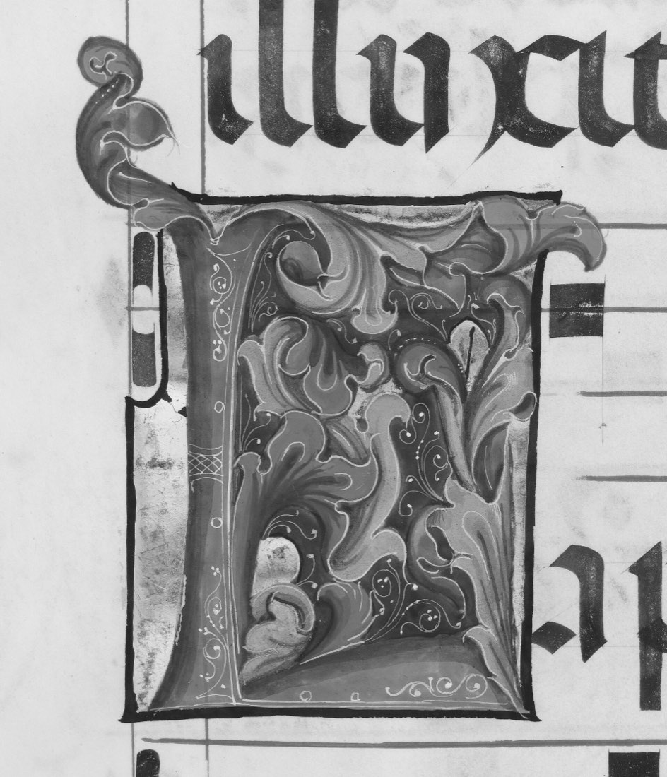 An illuminated initial on a page of a Benedictine antiphonary, a book of sung responses