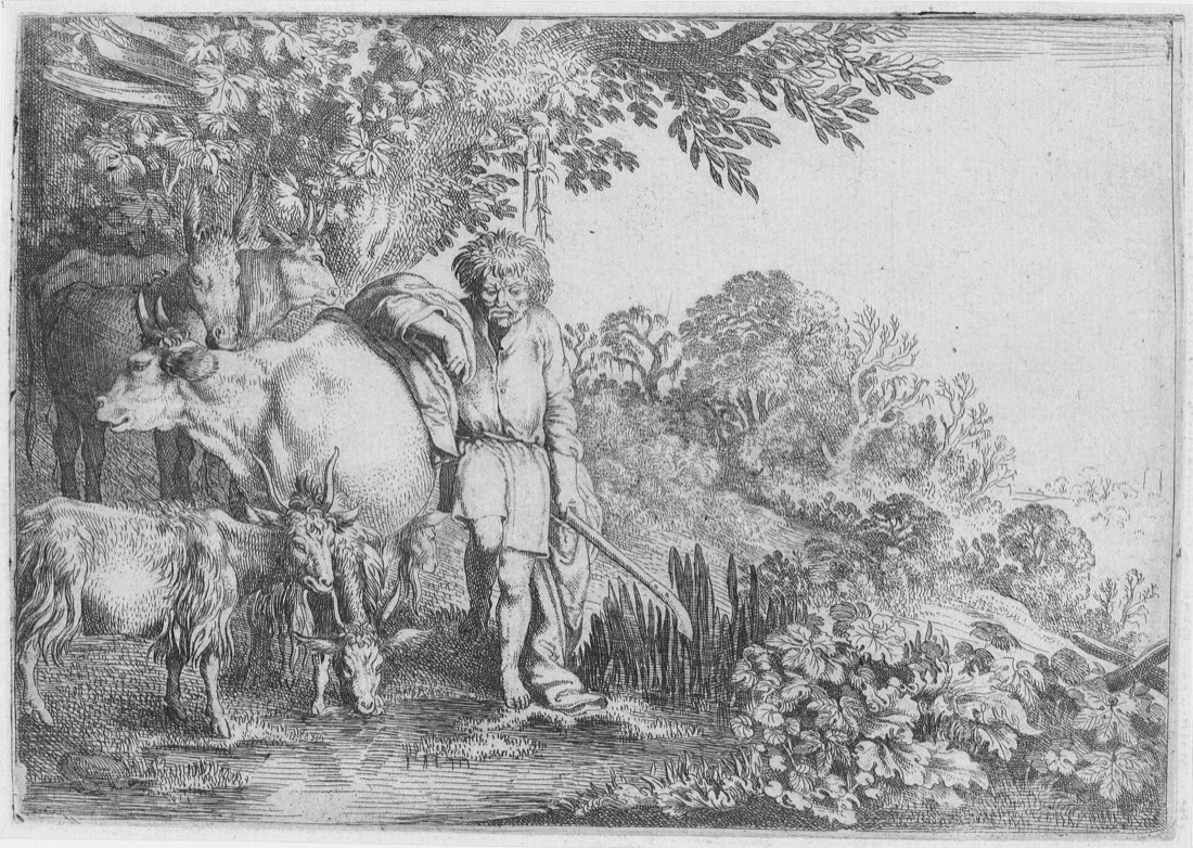 Engraving of Argus the herdsman guarding his cattle under a tree