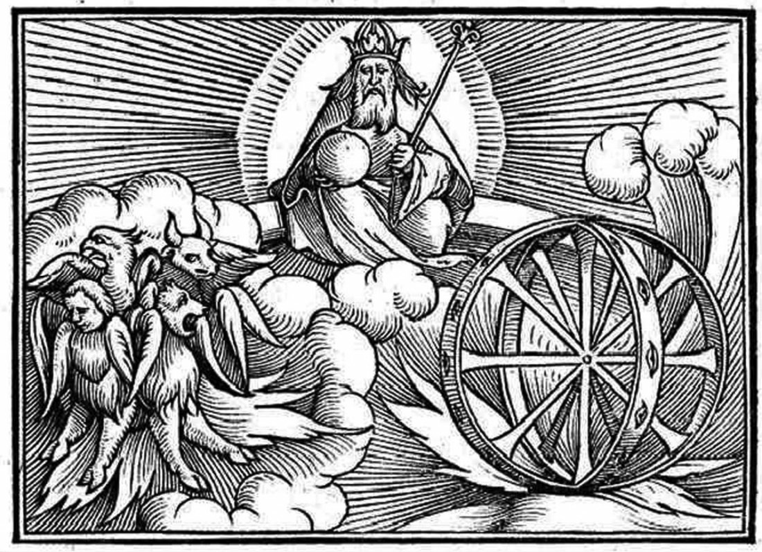 Woodcut of Ezekiel's vision: the throne carried on great wheels within wheels