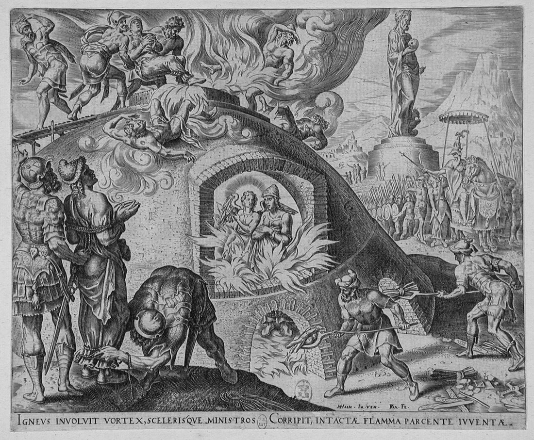 Engraving of three young men in the fiery furnace