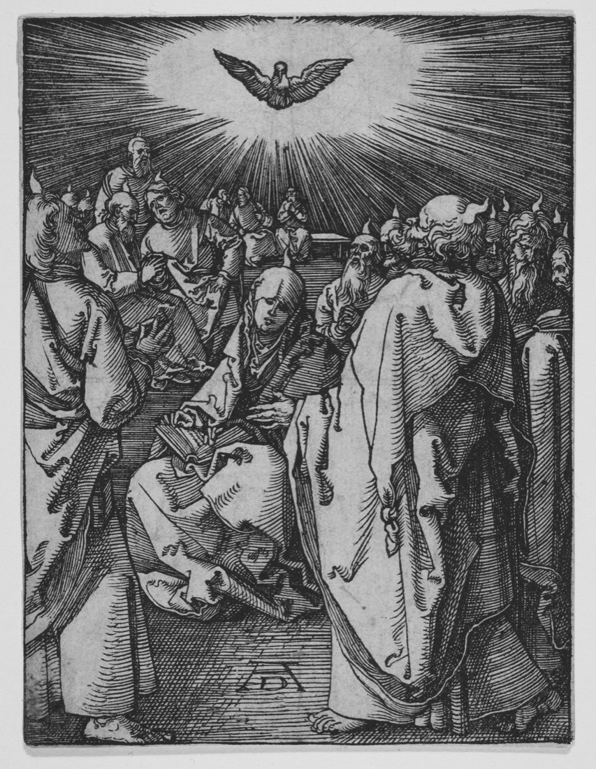 Woodcut of Pentecost: tongues of fire above the heads of the gathered disciples
