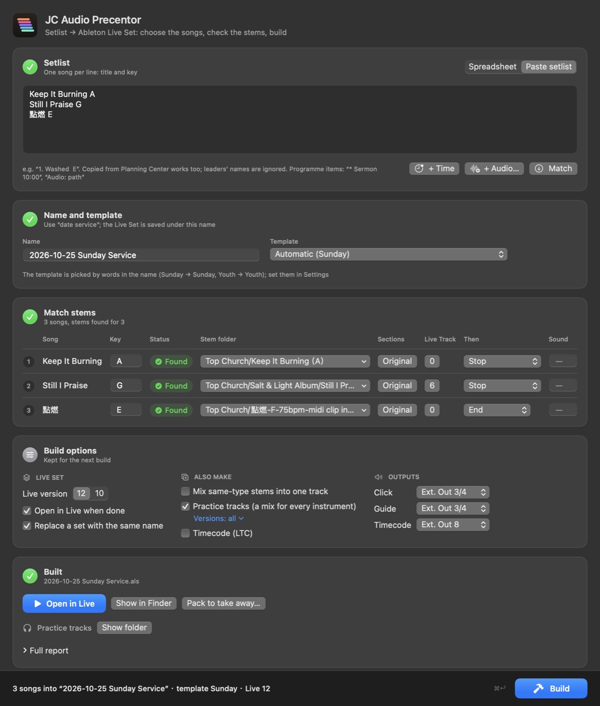 The whole JC Audio Precentor window: a three-song setlist, each song matched to its stems, the build options, and the built Live Set ready to open in Ableton Live