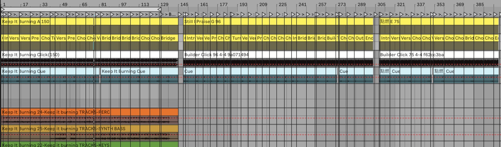 An Ableton Live 12 arrangement built by Precentor: three songs with song names, section markers, click and guide tracks, then the stems