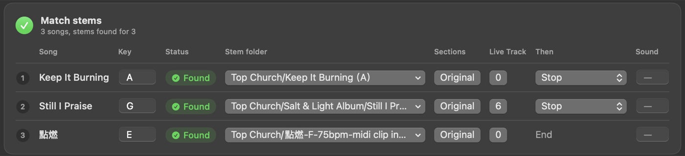 JC Audio Precentor matching three songs to their stem folders: Keep It Burning in A, Still I Praise in G and a Chinese song in E, all found