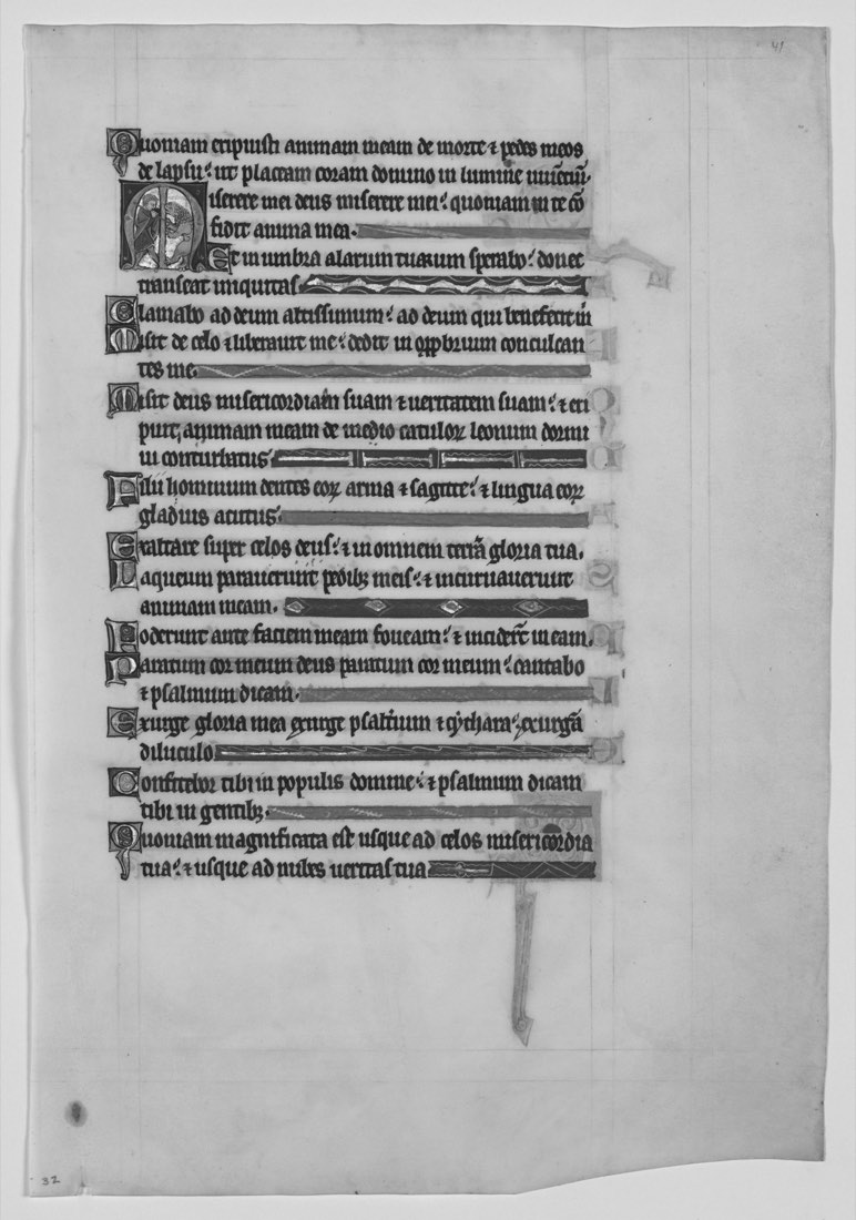 A manuscript leaf from a medieval psalter, the psalms written in Latin with blue and gold initials